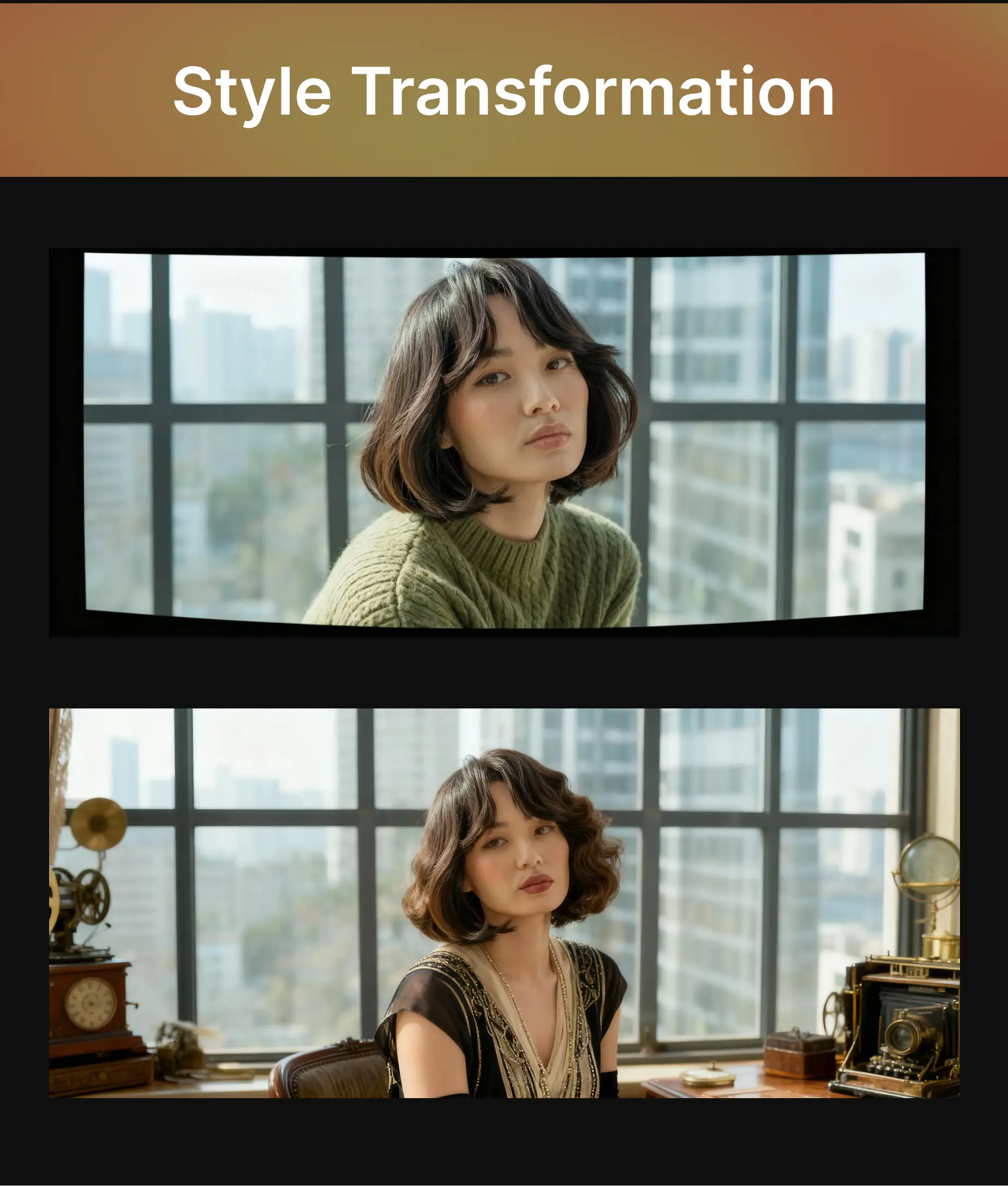 Two portrait photos of the same woman in different outfits and aesthetics, showing style transformation capabilities of FLUX 1 Kontext.