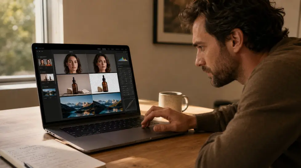 Creative professional working on a laptop at a minimal desk, with photo editing software showing before and after image edits including portrait retouching, product background removal, and landscape color grading.