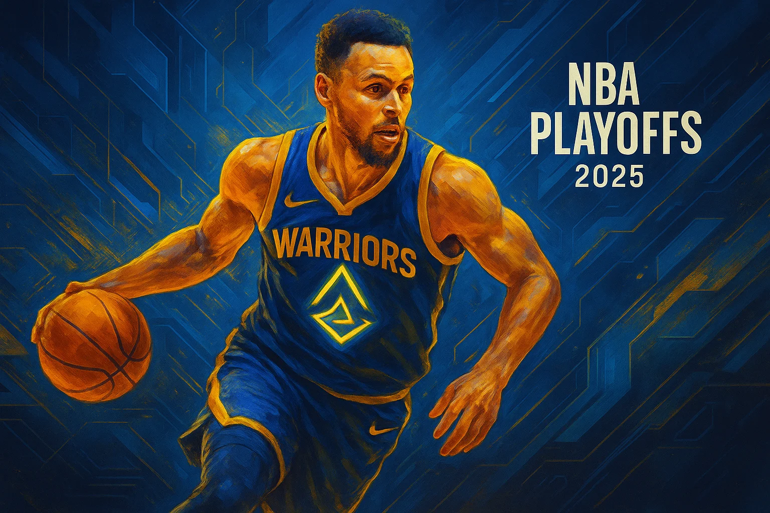 AI-generated Golden State Warriors poster featuring a basketball player in blue and gold jersey with glowing futuristic accents, bold NBA Playoffs 2025 text, and a dynamic tech-style background