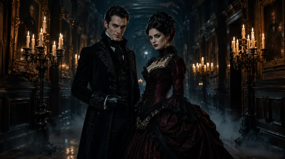 Gothic Victorian couple standing in a dark candlelit mansion hallway, wearing elegant black and burgundy period costumes surrounded by oil portraits, candelabras, fog, and dramatic shadows.