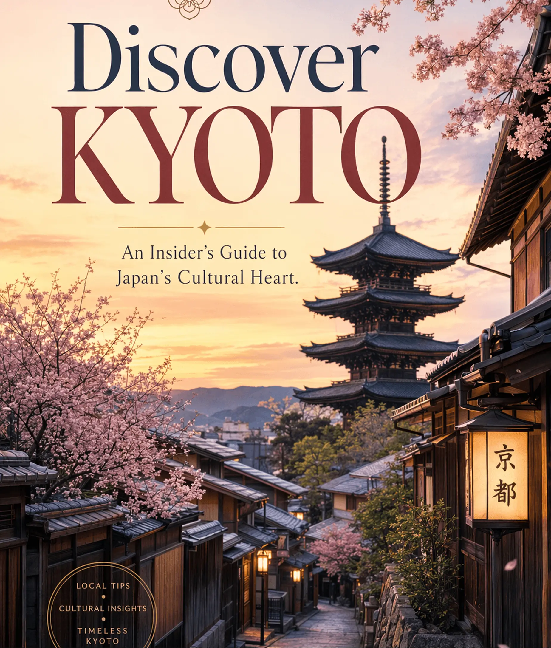 Kyoto Japan travel poster with pagoda, cherry blossoms, traditional streets at sunset, GPT Image 2.0 generated