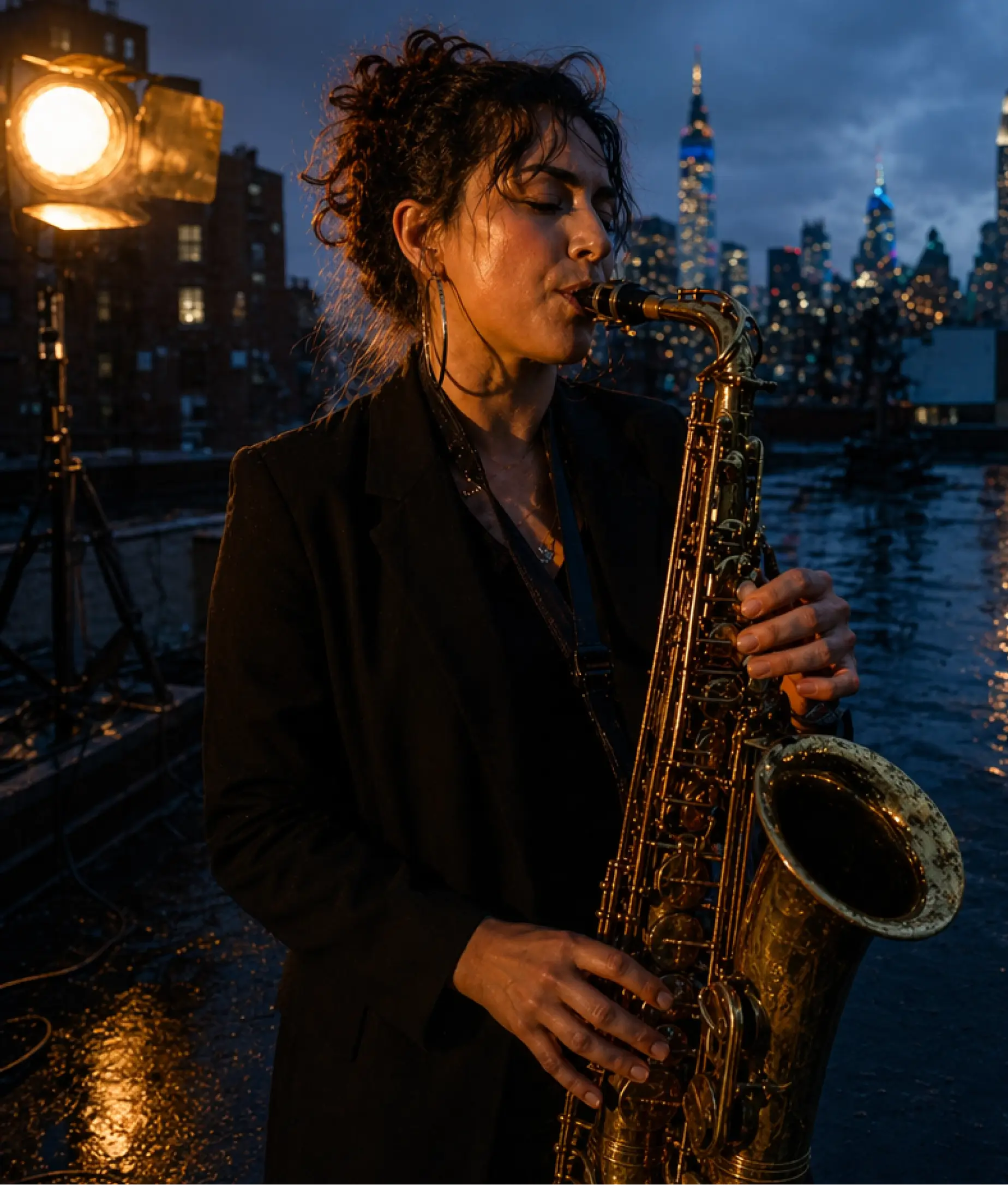 Female musician playing saxophone on a rooftop at night with city skyline lights, GPT Image 2.0 generated