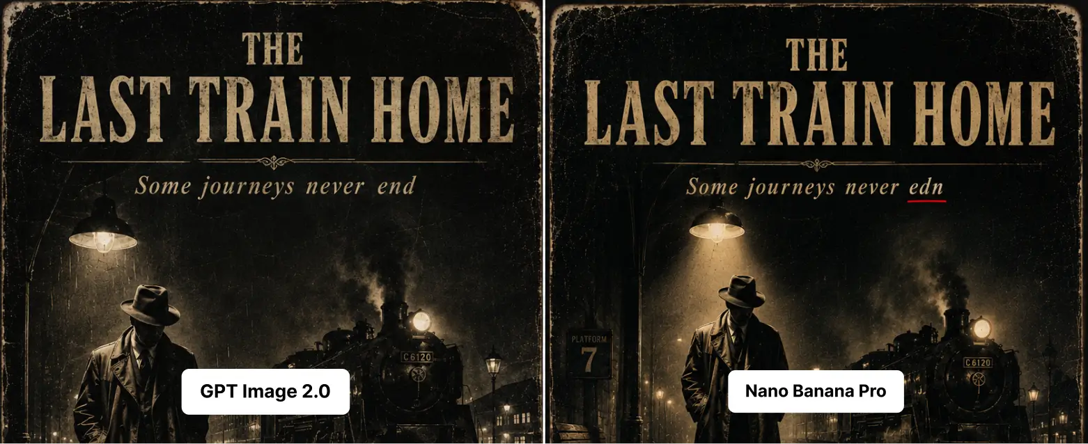 Side-by-side noir film poster comparison showing GPT Image 2.0 with correct tagline text and Nano Banana 2 with a misspelled tagline highlighted in red.
