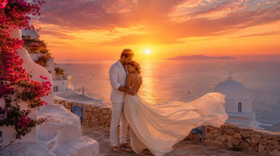 Bride and groom embracing on a whitewashed Greek island cliffside terrace at sunset, with a flowing ivory gown, fuchsia bougainvillea, white chapel dome, sailboats, and the Aegean Sea in the background.