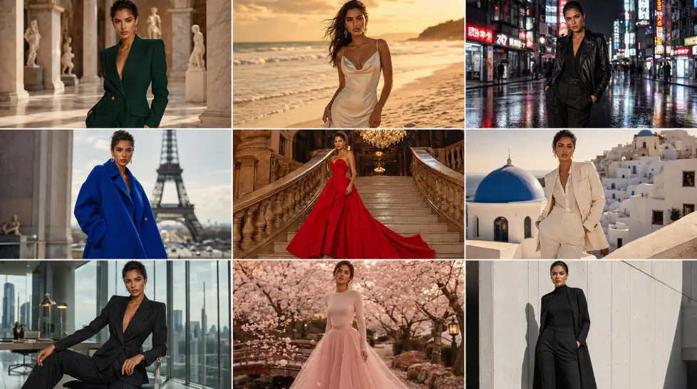 3x3 fashion editorial grid showing the same AI-generated female model in nine luxury outfits across iconic settings, including a museum, beach, Tokyo street, Paris, Santorini, office, cherry blossom garden, and modern architecture.