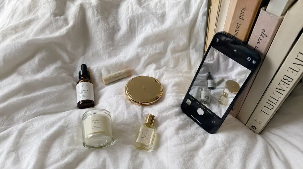 Overhead flat lay of a casual home product photography setup with skincare, lip balm, compact mirror, candle, and perfume arranged on crumpled white linen, with a smartphone camera propped against neutral books.