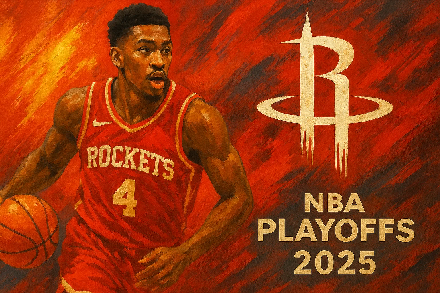 AI-generated Houston Rockets poster featuring a basketball player in red jersey with number 4, fiery red-orange brushstroke background, bold Rockets logo, and NBA Playoffs 2025 text 