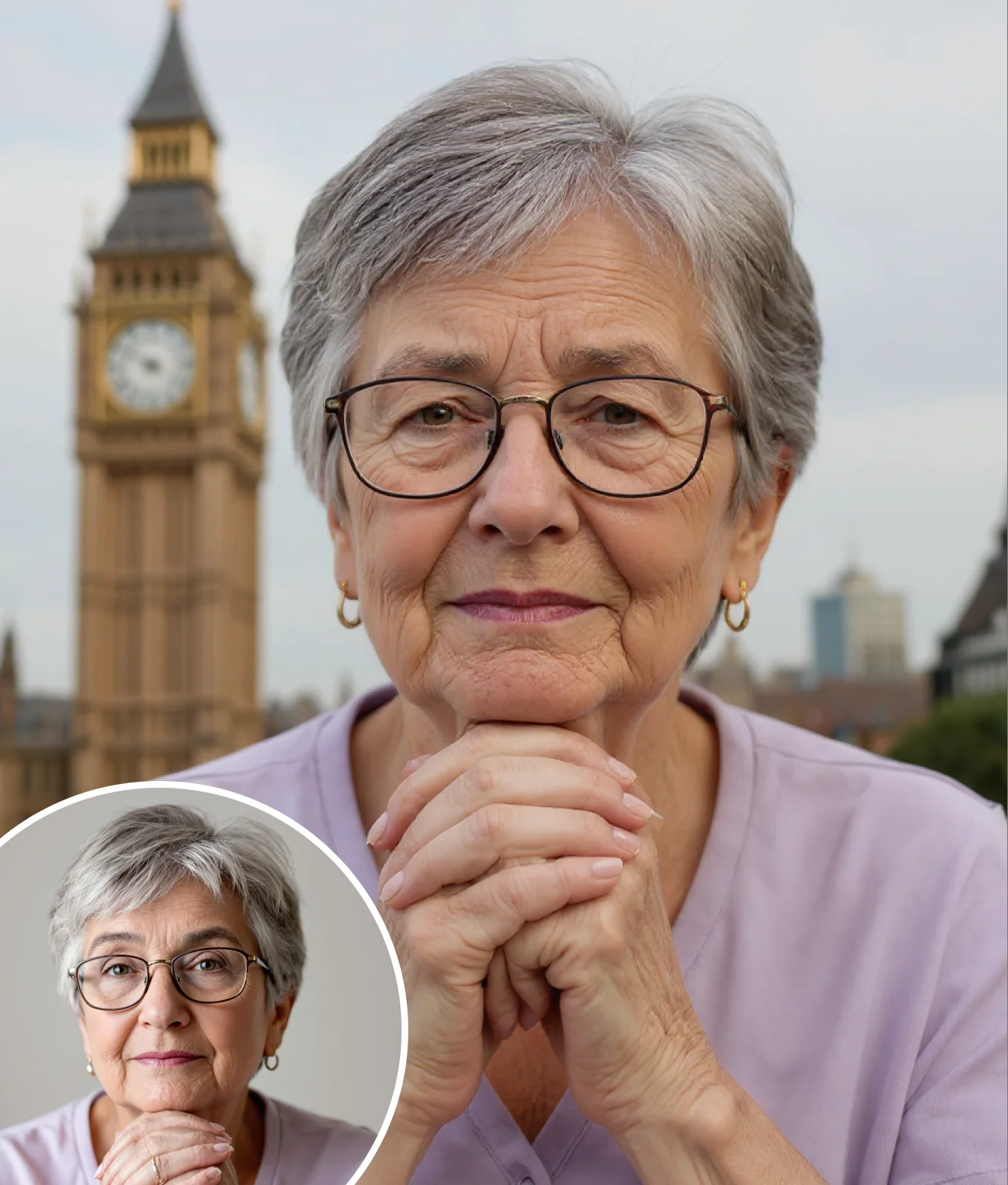 Elderly woman transformed with AI into a portrait near Big Ben using Iconic Locations.