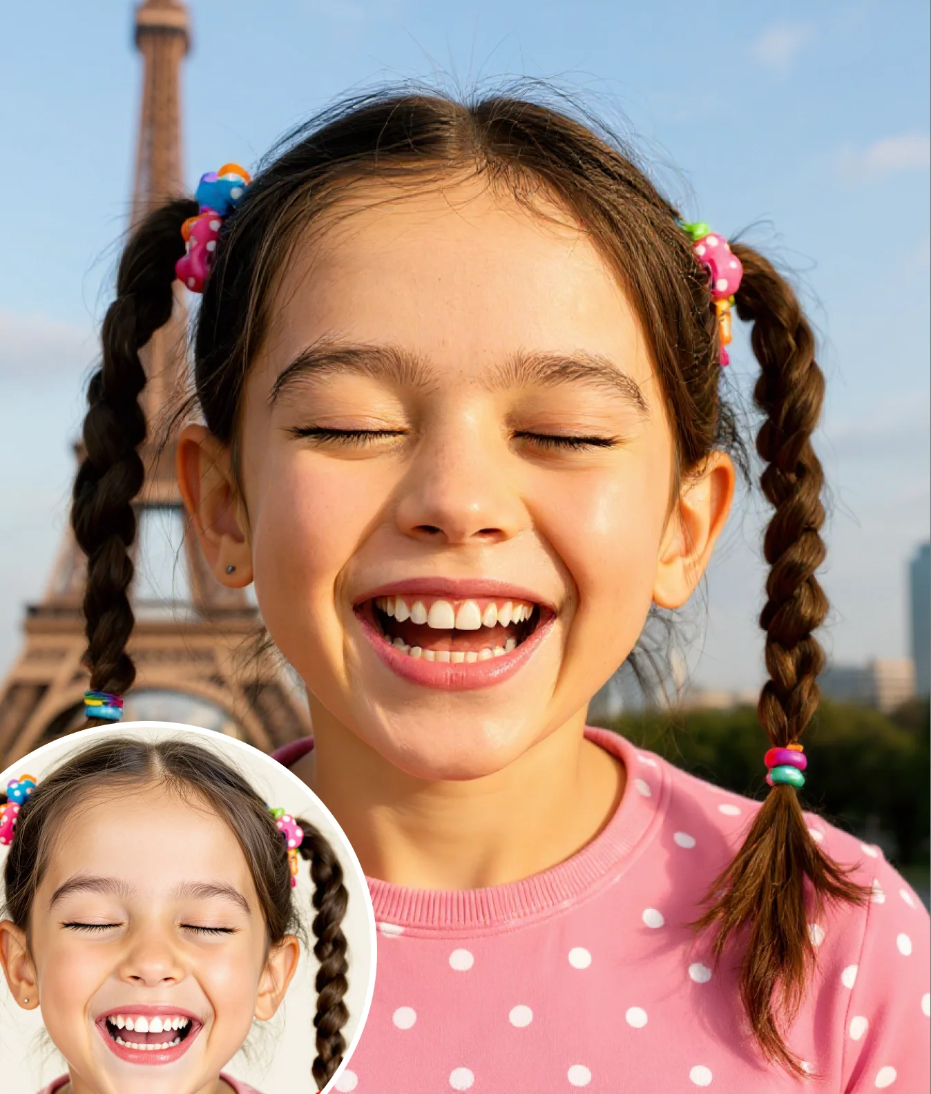 Laughing girl placed near the Eiffel Tower using AI Iconic Locations transformation.