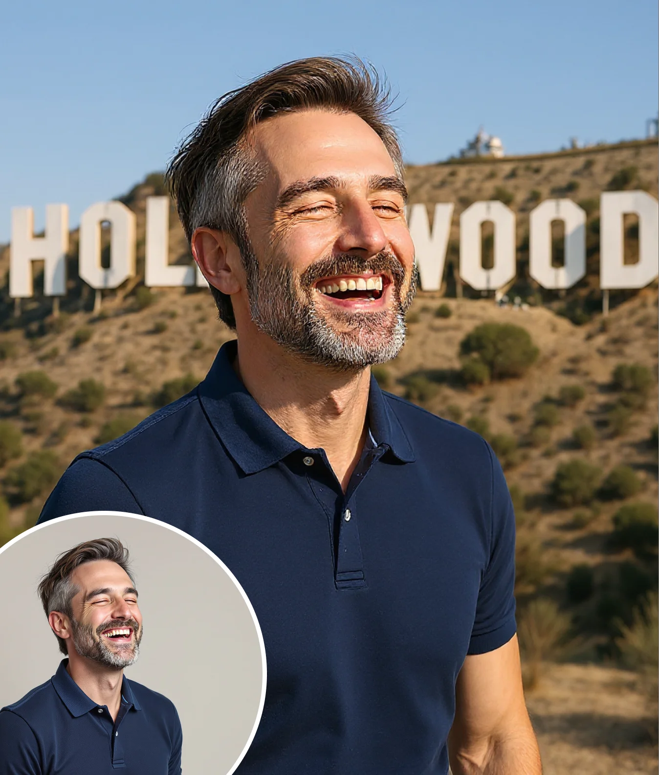 Man smiling in front of the Hollywood Sign, created with the Iconic Locations AI tool.