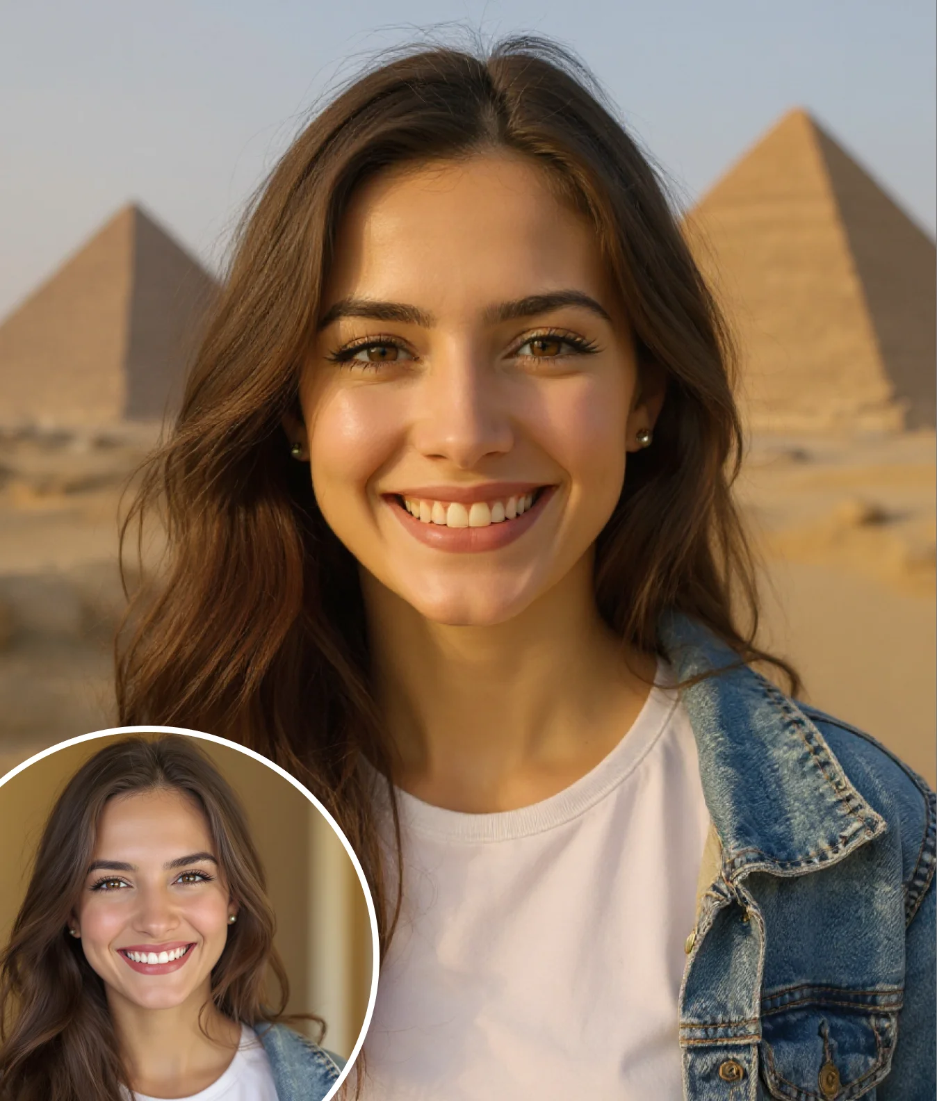 Smiling woman placed in front of the Pyramids using Iconic Locations AI image generator.