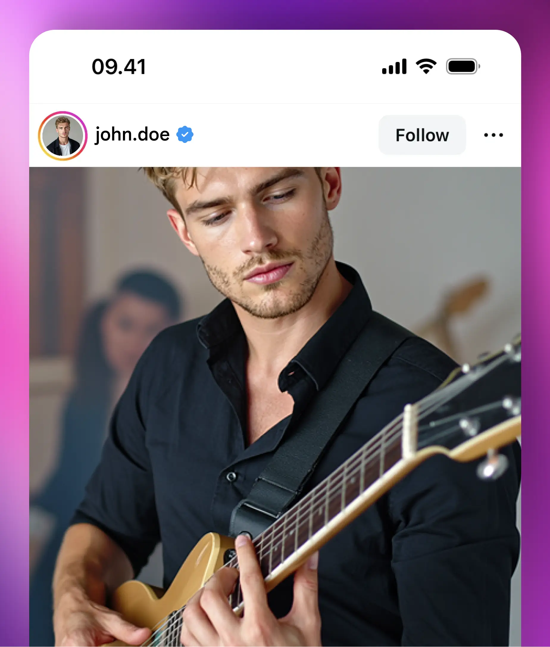 Instagram lifestyle shot of a young man performing with a guitar in a live music setting, showcasing musician aesthetics.