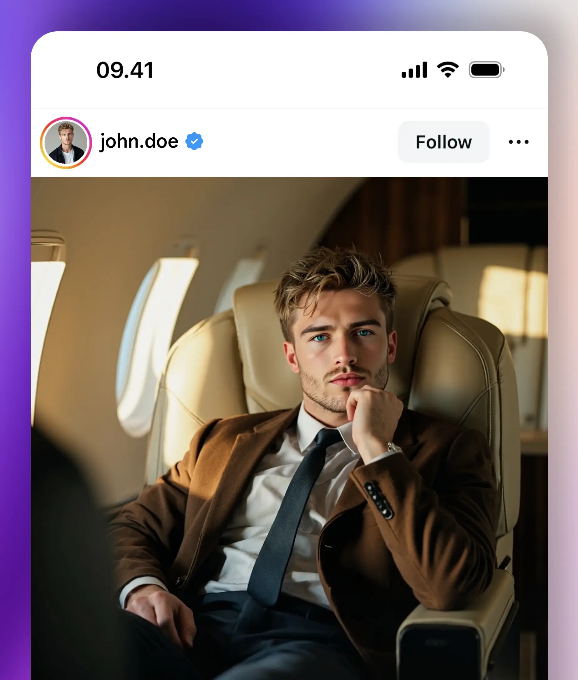 Luxury lifestyle Instagram post of a man sitting confidently inside a private jet in a tailored suit.