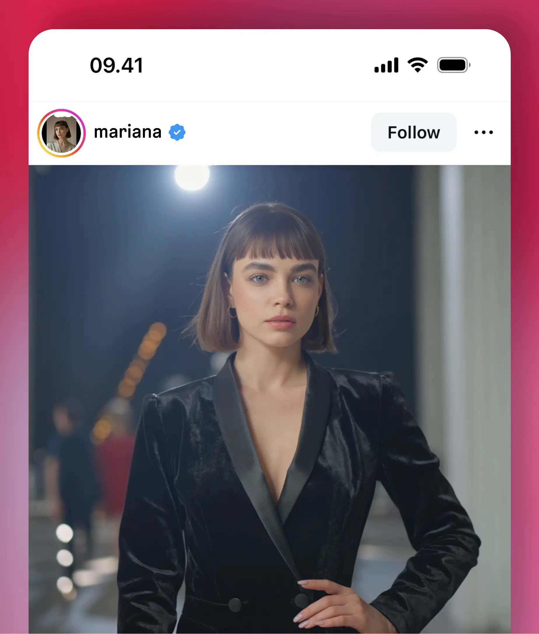 Glamorous Instagram lifestyle portrait of a woman in a black velvet outfit posing in a red-carpet style event setting.