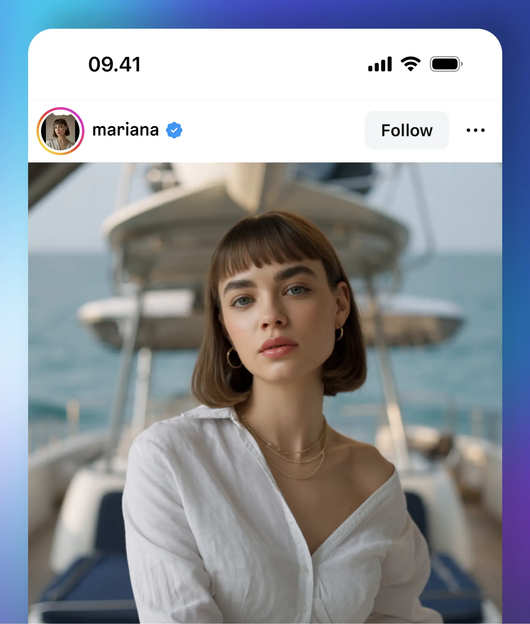 Instagram lifestyle portrait of a woman in a white blouse sitting stylishly on a yacht with ocean in the background.