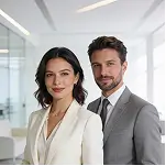 Professional business man and woman standing confidently in a modern office environment with a clean white aesthetic.
