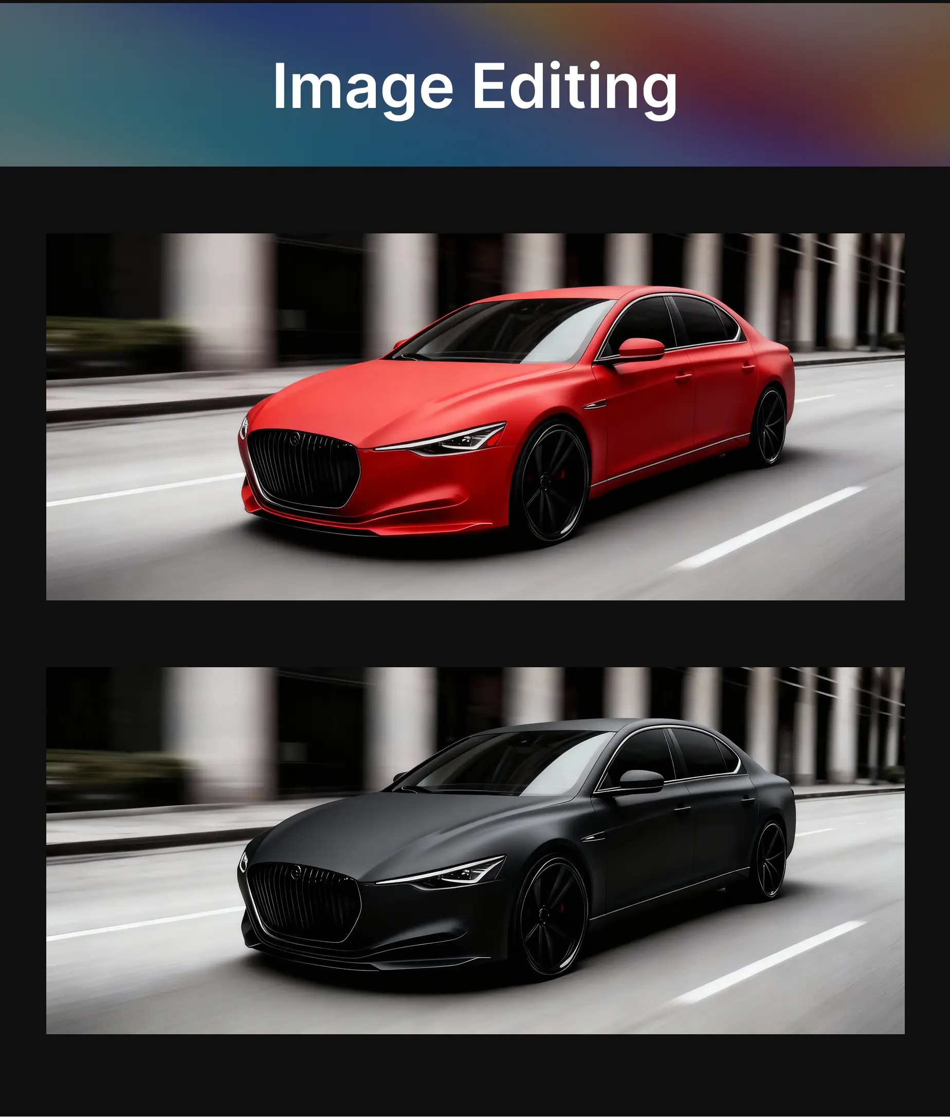A red sports car edited into a matte-black version on the same street background, showing precise image editing with Qwen Image Edit.