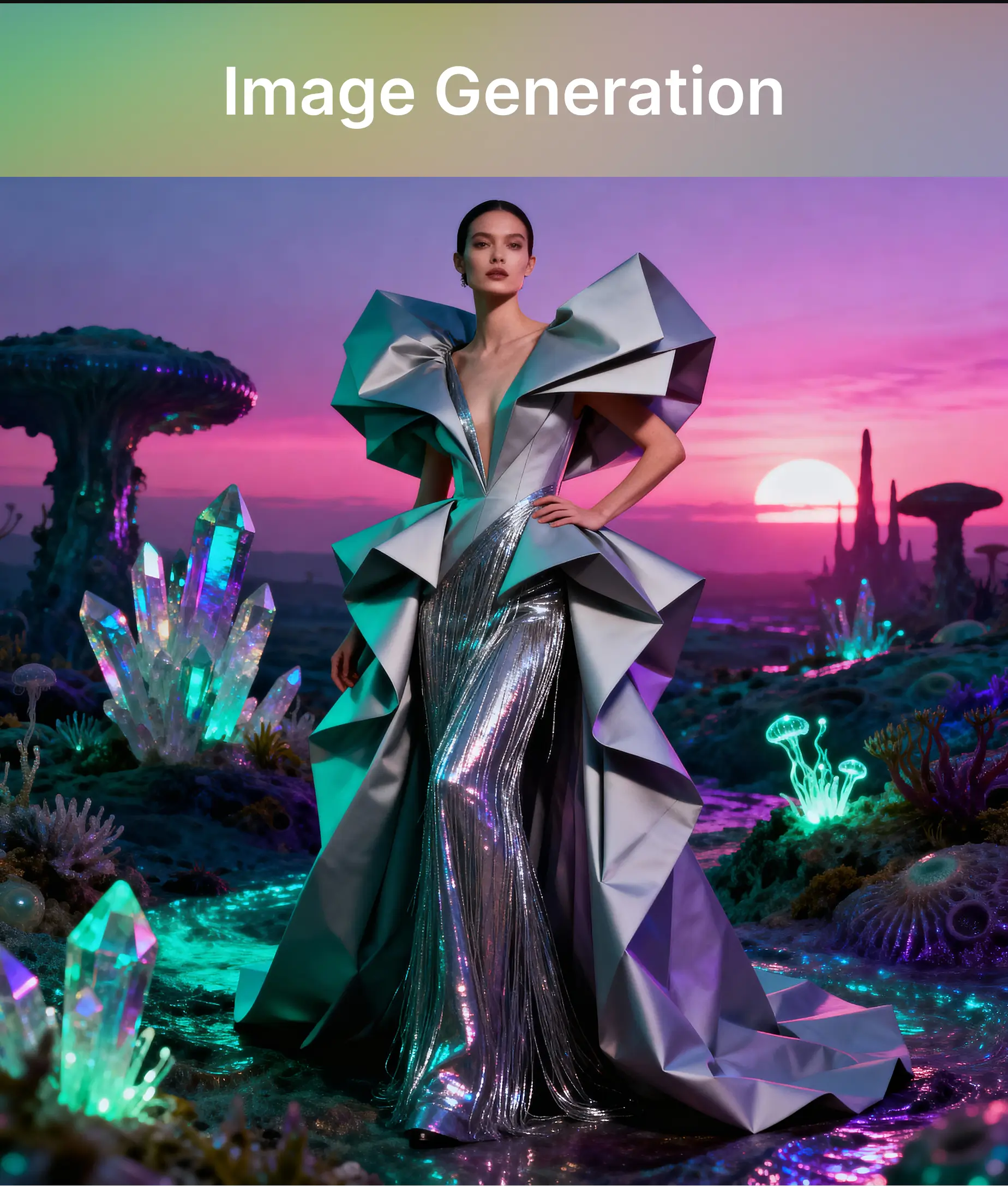 A futuristic fashion model standing in an alien landscape with glowing crystals, showcasing Imagen 4 high-detail image generation.