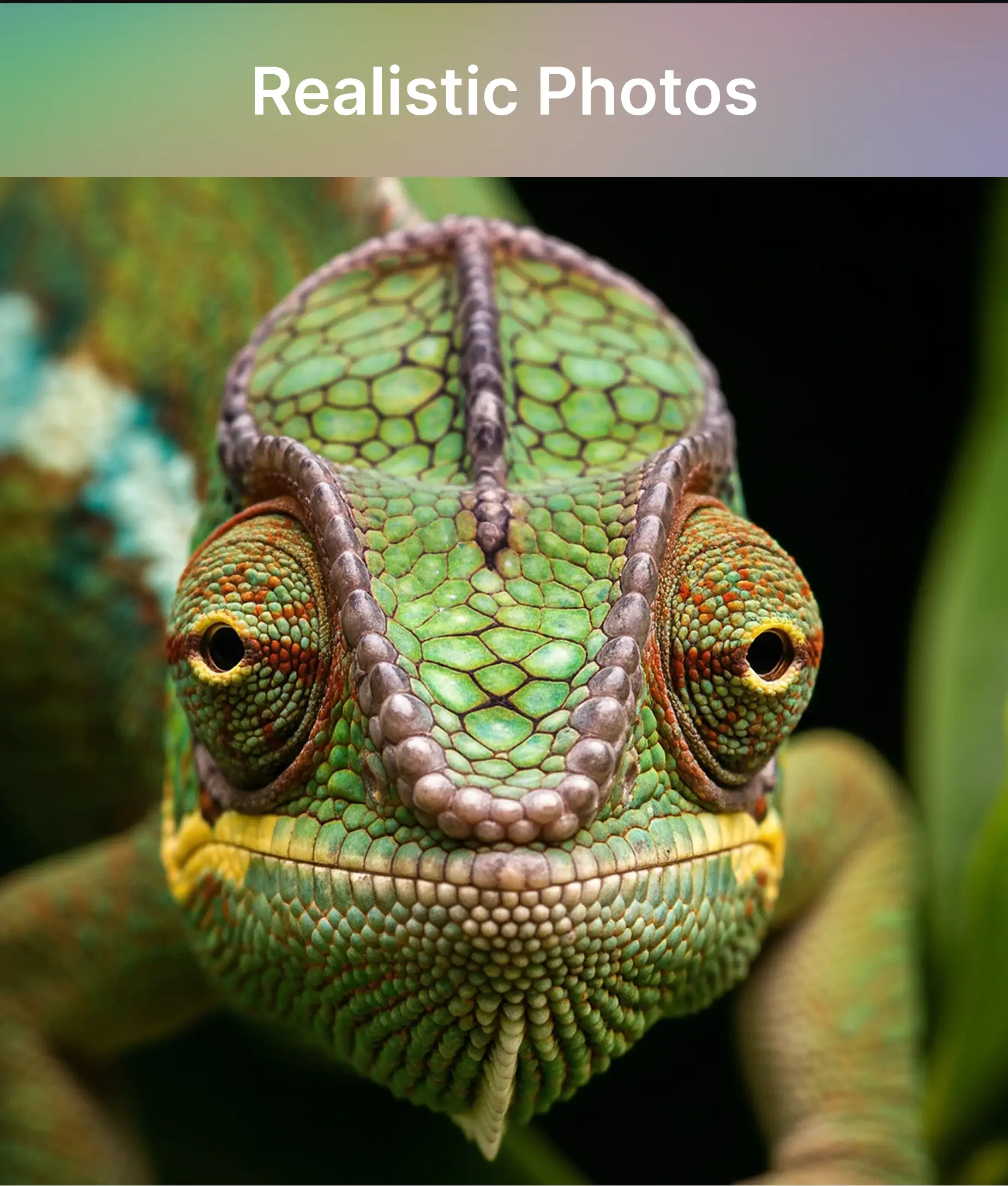 Close-up shot of a detailed chameleon face with vibrant textures, highlighting Imagen 4’s realistic photo generation quality.