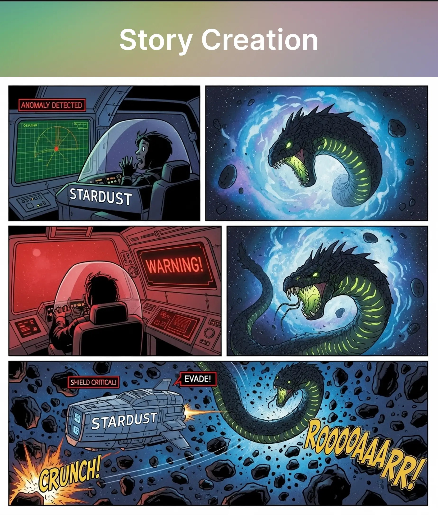 Comic-style storyboard showing a spaceship encountering a giant space serpent, demonstrating Imagen 4 story creation capabilities.