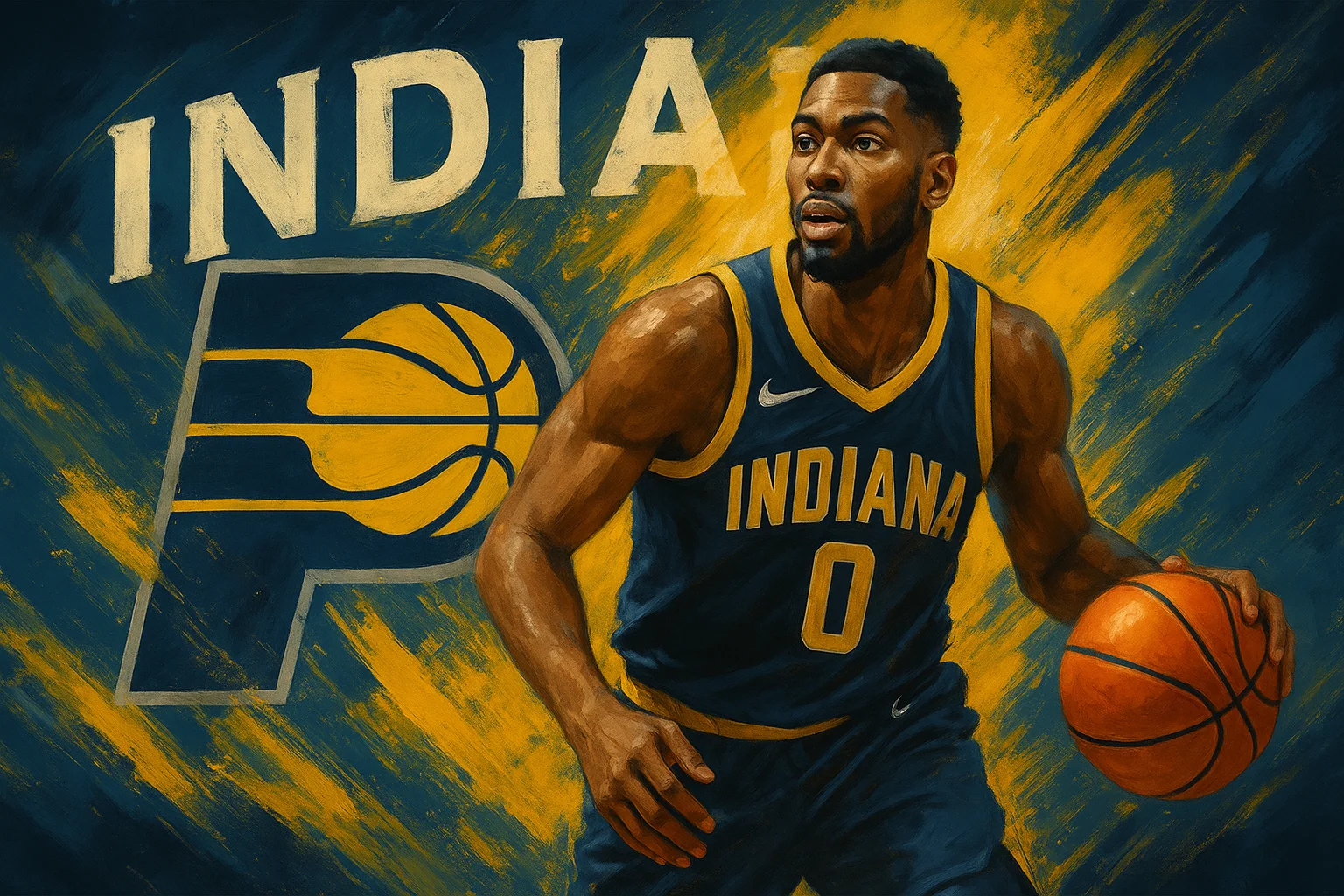 AI-generated Indiana Pacers poster featuring a basketball player in navy jersey with yellow accents, dynamic brushstroke background, and bold Pacers logo, created for NBA Playoffs 2025