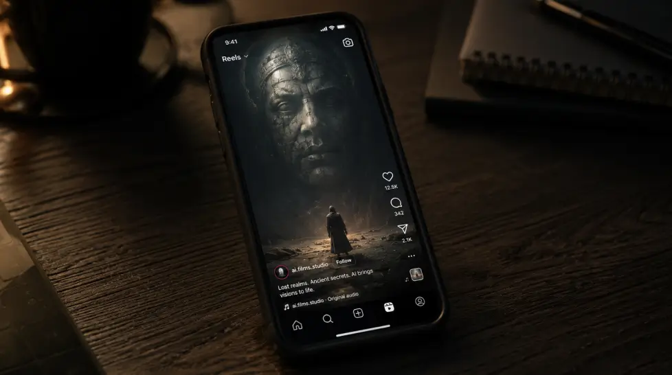 Smartphone on a dark wooden desk showing an Instagram Reels style AI-generated cinematic video, with like, comment, and share buttons visible on the glowing screen in a moody home workspace.