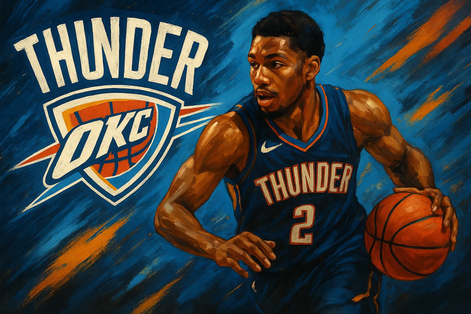 AI-generated Oklahoma City Thunder poster featuring a basketball player in blue jersey with number 2, energetic blue and orange brushstroke background, bold OKC Thunder logo, created for NBA Playoffs 2025