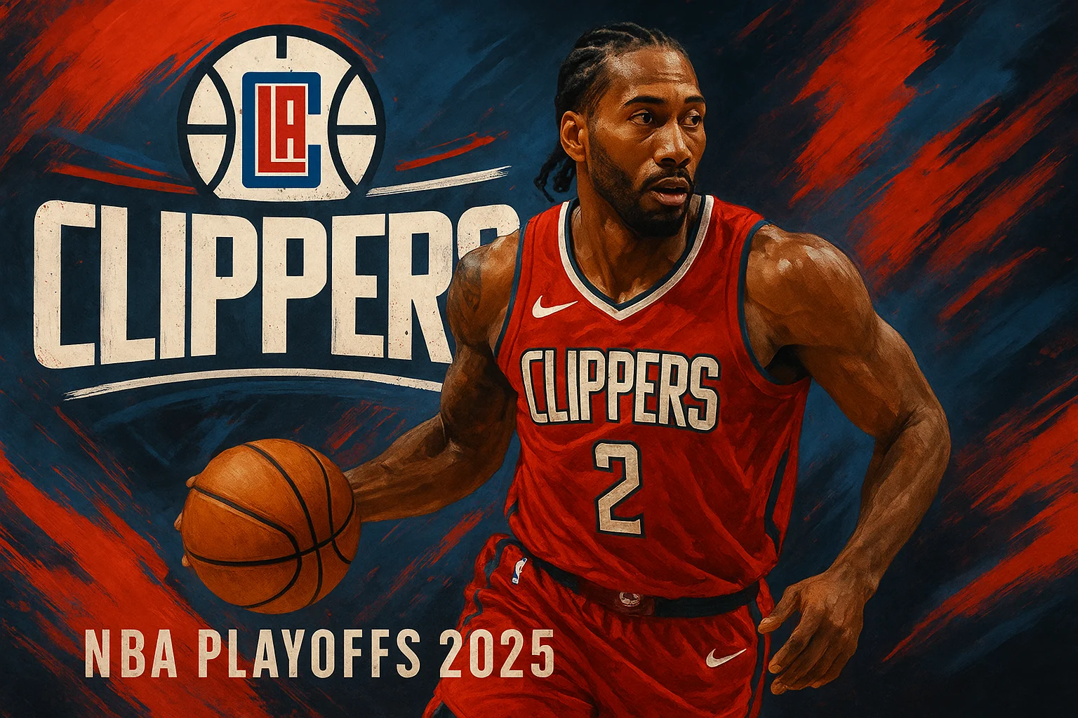 AI-generated LA Clippers poster featuring a basketball player in red jersey with number 2, expressive red and navy brushstroke background, Clippers logo, and NBA Playoffs 2025 branding