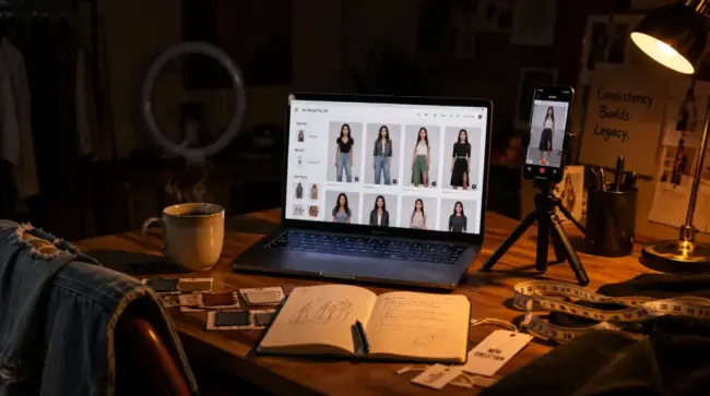 Late-night fashion creator desk setup with a laptop showing an AI virtual try-on interface, smartphone on a tripod, steaming coffee mug, fabric swatches, notebook sketches, clothing tags, and warm amber desk lighting.