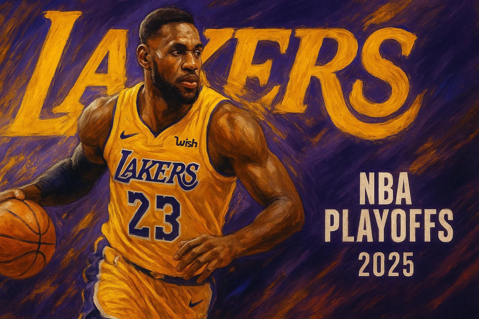 AI-generated Los Angeles Lakers poster featuring a basketball player in gold jersey with number 23, dramatic purple and gold brushstroke background, bold Lakers logo, and NBA Playoffs 2025 text