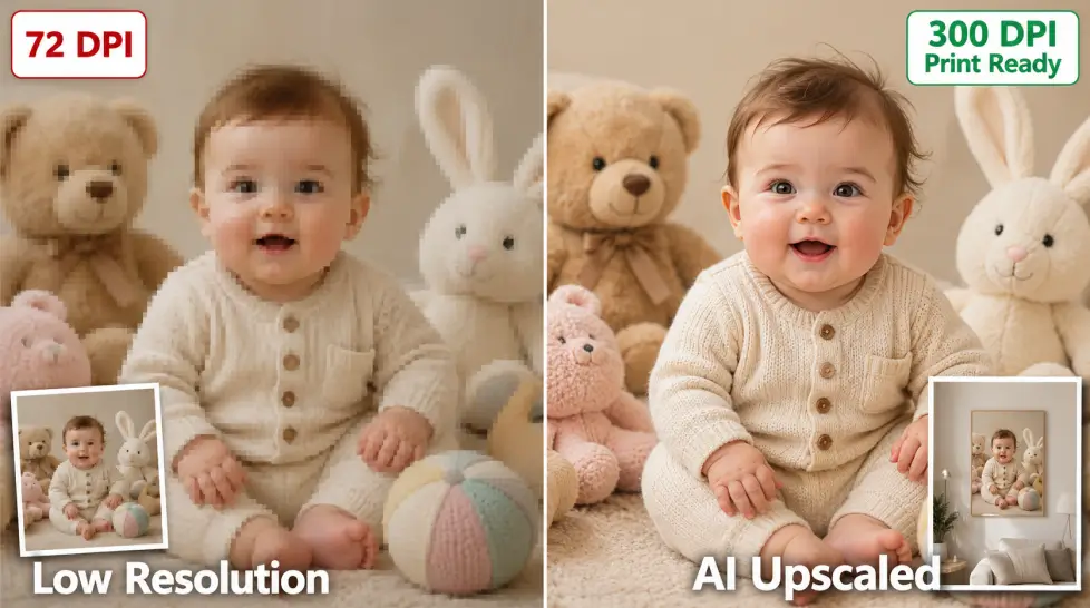Side-by-side comparison of a blurry 72 DPI baby portrait and a sharp AI upscaled 300 DPI print-ready version, showing improved detail, clarity, color, and print quality.