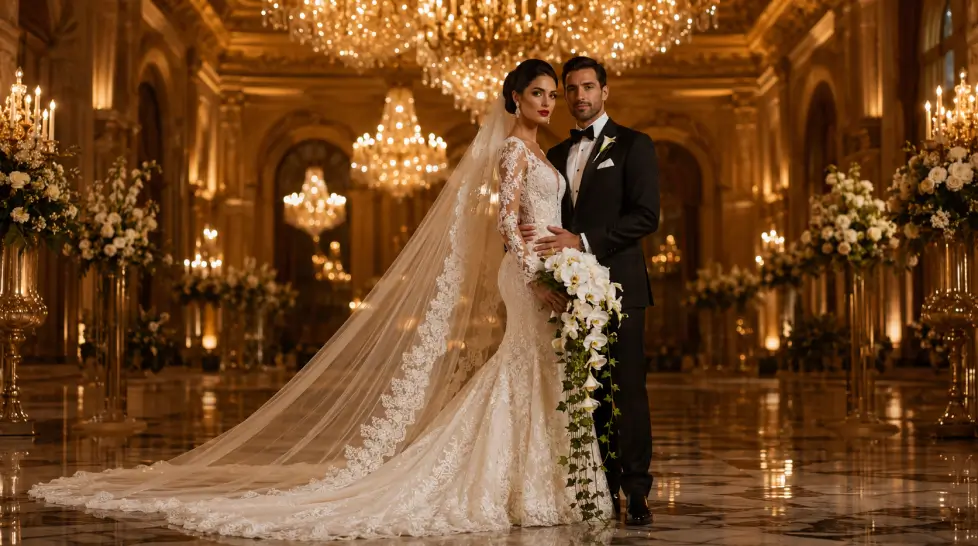 Formal luxury wedding portrait of a bride and groom in an opulent golden hotel ballroom with crystal chandeliers, marble floors, floral arrangements, cathedral veil, and cascading bridal bouquet.