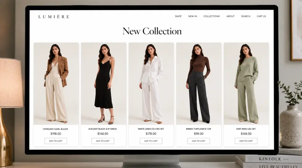 Clean fashion ecommerce website mockup displayed on a desktop monitor, showing a New Collection page with five cohesive product cards featuring the same model in different outfits.