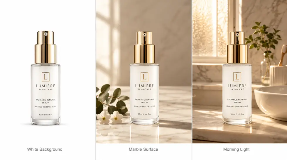 Three-panel product photography layout showing the same luxury skincare serum bottle on a white background, a marble surface with flowers, and a warm morning bathroom counter setup.