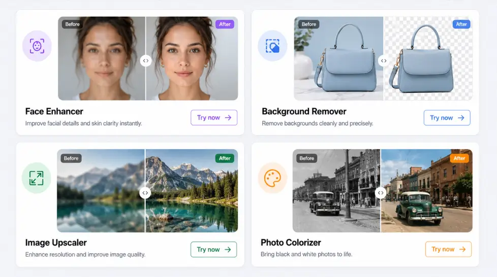 Modern MagicShot AI photo editing dashboard showing four tool cards for Face Enhancer, Background Remover, Image Upscaler, and Photo Colorizer in a clean 2x2 grid.