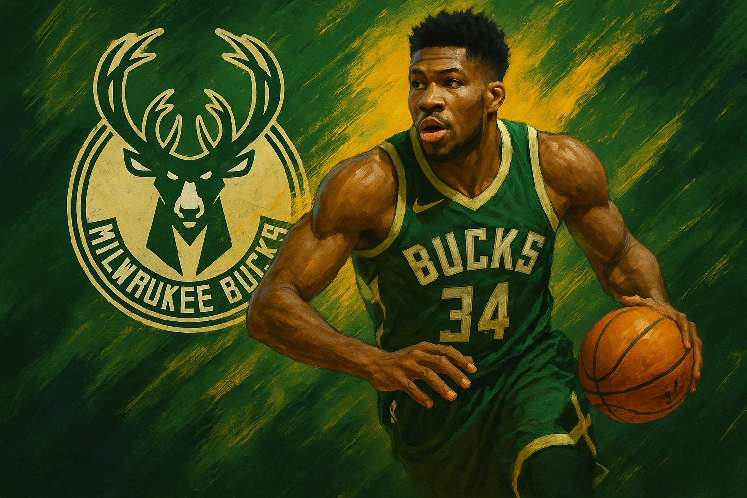 AI-generated Milwaukee Bucks poster featuring a basketball player in green jersey with number 34, bold Bucks logo, and energetic green-yellow brushstroke background, designed for NBA Playoffs 2025