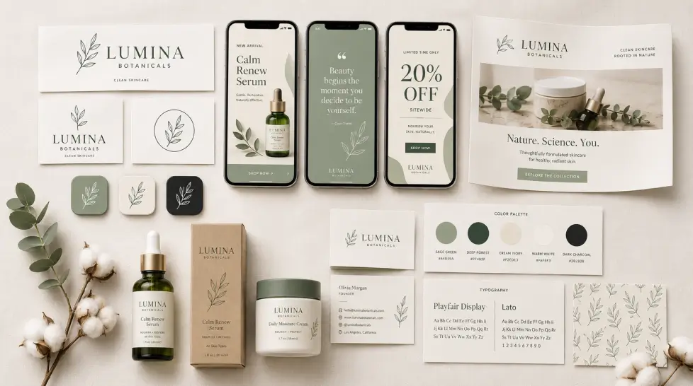 Overhead flat lay of a minimalist botanical skincare brand identity system with logo cards, app icons, Instagram story templates, email banner, packaging, business cards, color palette, typography card, and sage green botanical pattern elements.