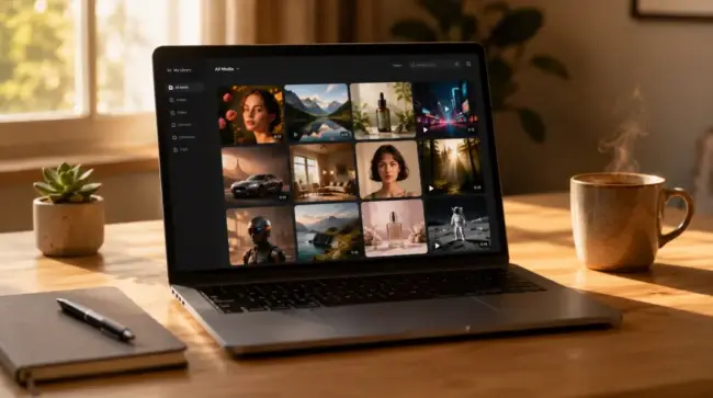 Warm sunlit creator desk setup with an open laptop showing a grid of AI-generated image and video thumbnails, alongside a steaming coffee mug, notebook, pen, and small succulent on a wooden desk.
