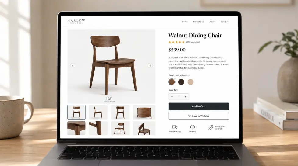 Laptop mockup showing a clean ecommerce product page for a walnut dining chair, with a 3D product viewer, chair thumbnails, price, wood finish options, quantity selector, Add to Cart button, and modern furniture website layout.