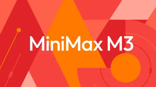 MiniMax M3 AI model official launch banner with bold white typography on warm red orange geometric background design
