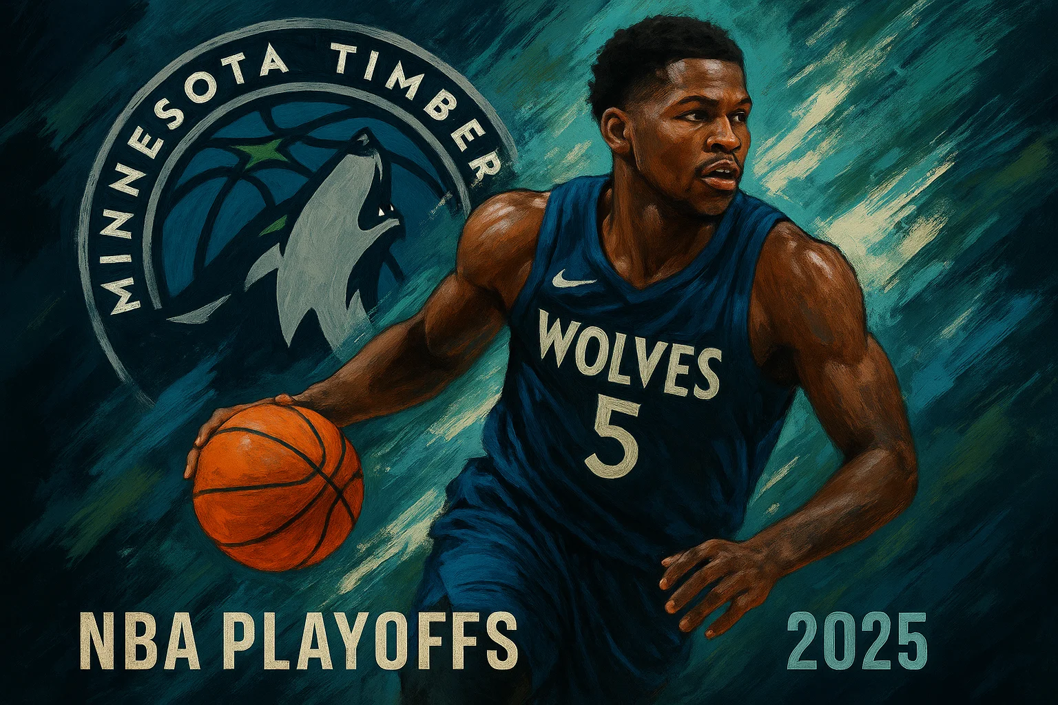 AI-generated Minnesota Timberwolves poster featuring a basketball player in navy jersey with number 5, teal and dark blue brushstroke background, Timberwolves logo, and NBA Playoffs 2025 tex
