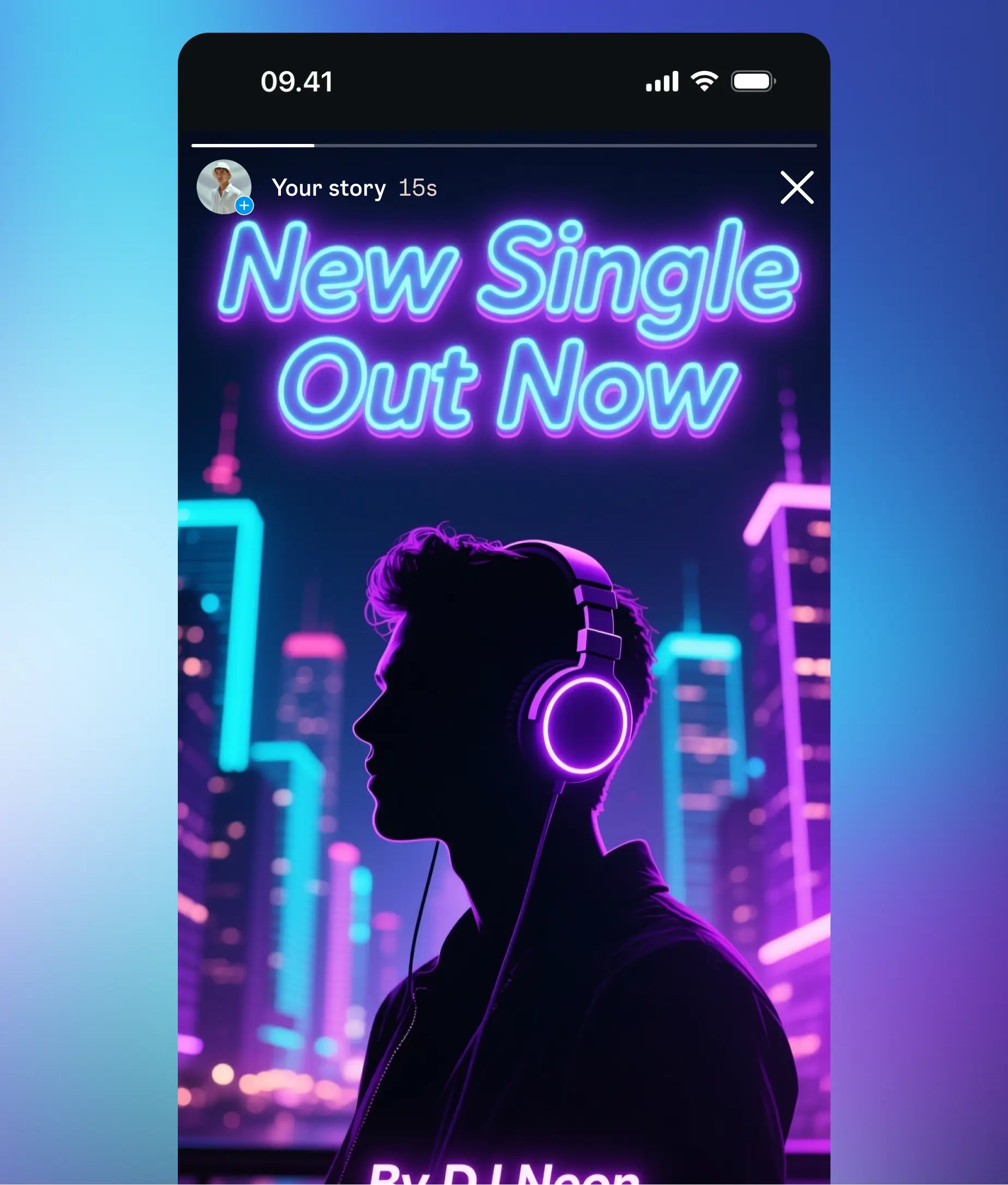 Neon-style Instagram story template showing a DJ silhouette with glowing headphones and text “New Single Out Now.”
