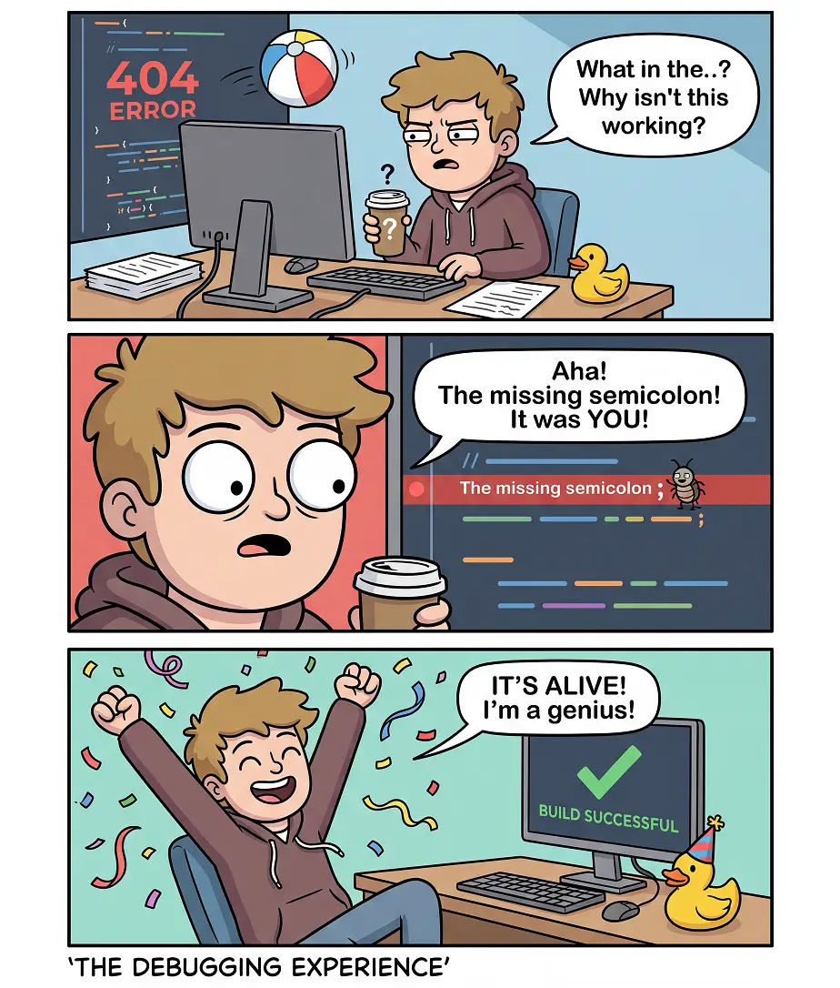 Cartoon comic illustrating the debugging experience with a developer fixing a missing semicolon error and celebrating successful code build, generated using Nano Banana 2 AI image model.