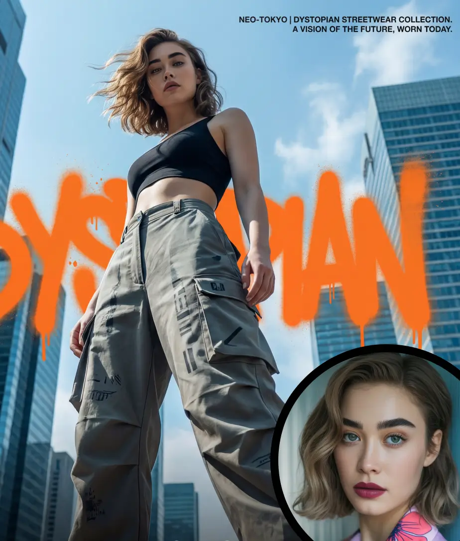 Low-angle dystopian streetwear fashion campaign with orange graffiti and urban skyscrapers created using Nano Banana 2 AI image generation.