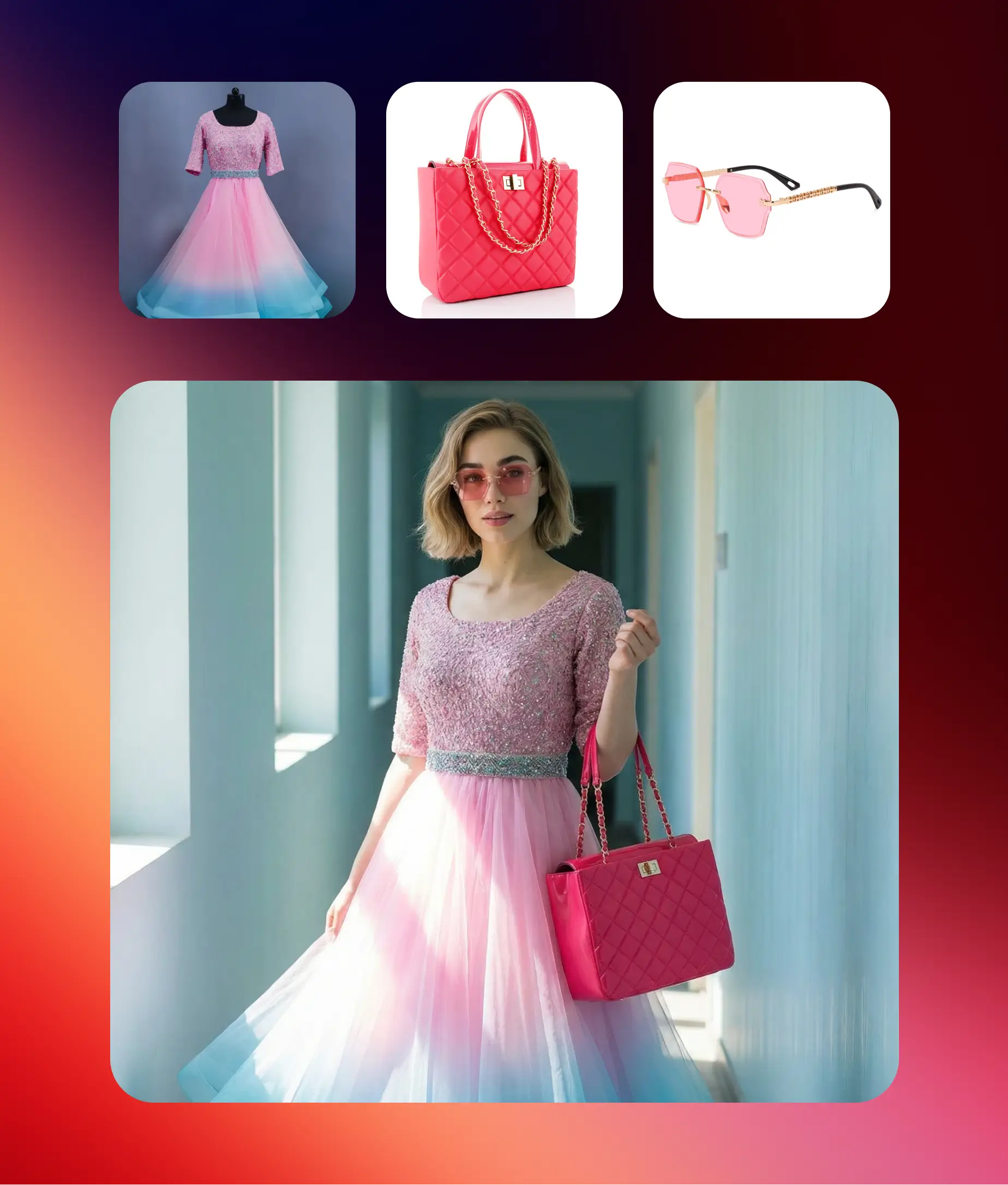 Fashion collage featuring a woman in a pink gradient dress with matching bag and glasses, produced using Nano Banana Pro.