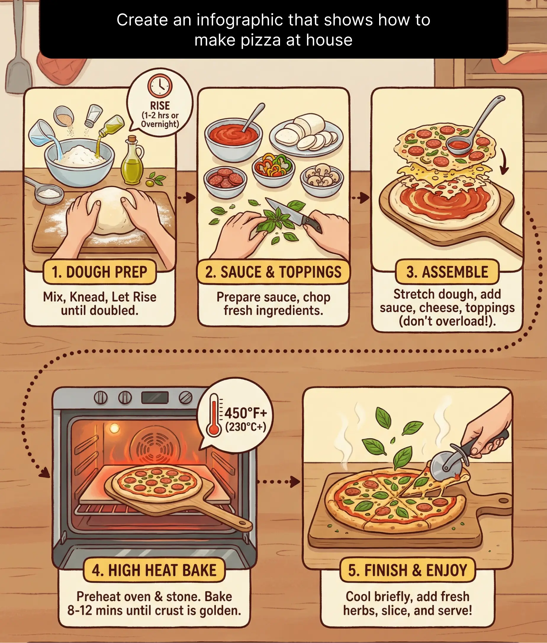 Illustrated step-by-step infographic showing how to make pizza at home, generated using Nano Banana Pro.