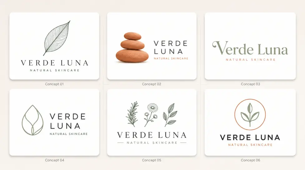 Clean 3x2 logo concept grid for a premium natural skincare brand, showing six minimalist Verde Luna logo designs with botanical, stone, droplet, typographic, and seal-style concepts.