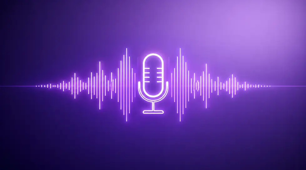 Minimal audio visualization graphic with a glowing white microphone icon centered over a neon waveform on a smooth purple to lavender gradient background.