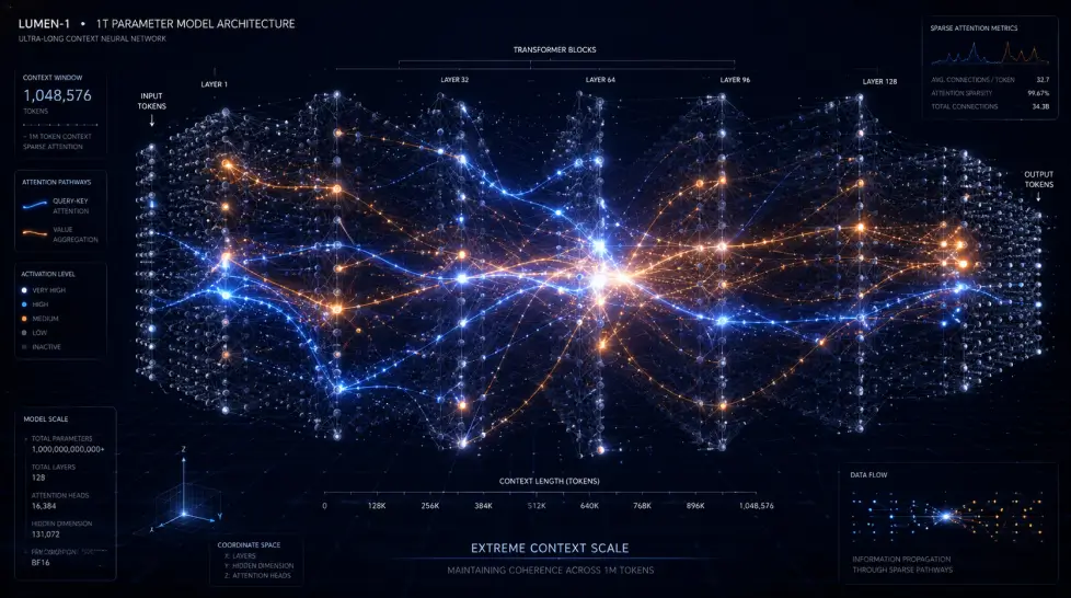 Futuristic neural network architecture diagram on a dark navy background, showing thousands of nodes with sparse electric blue and amber attention pathways flowing through selected active connections.
