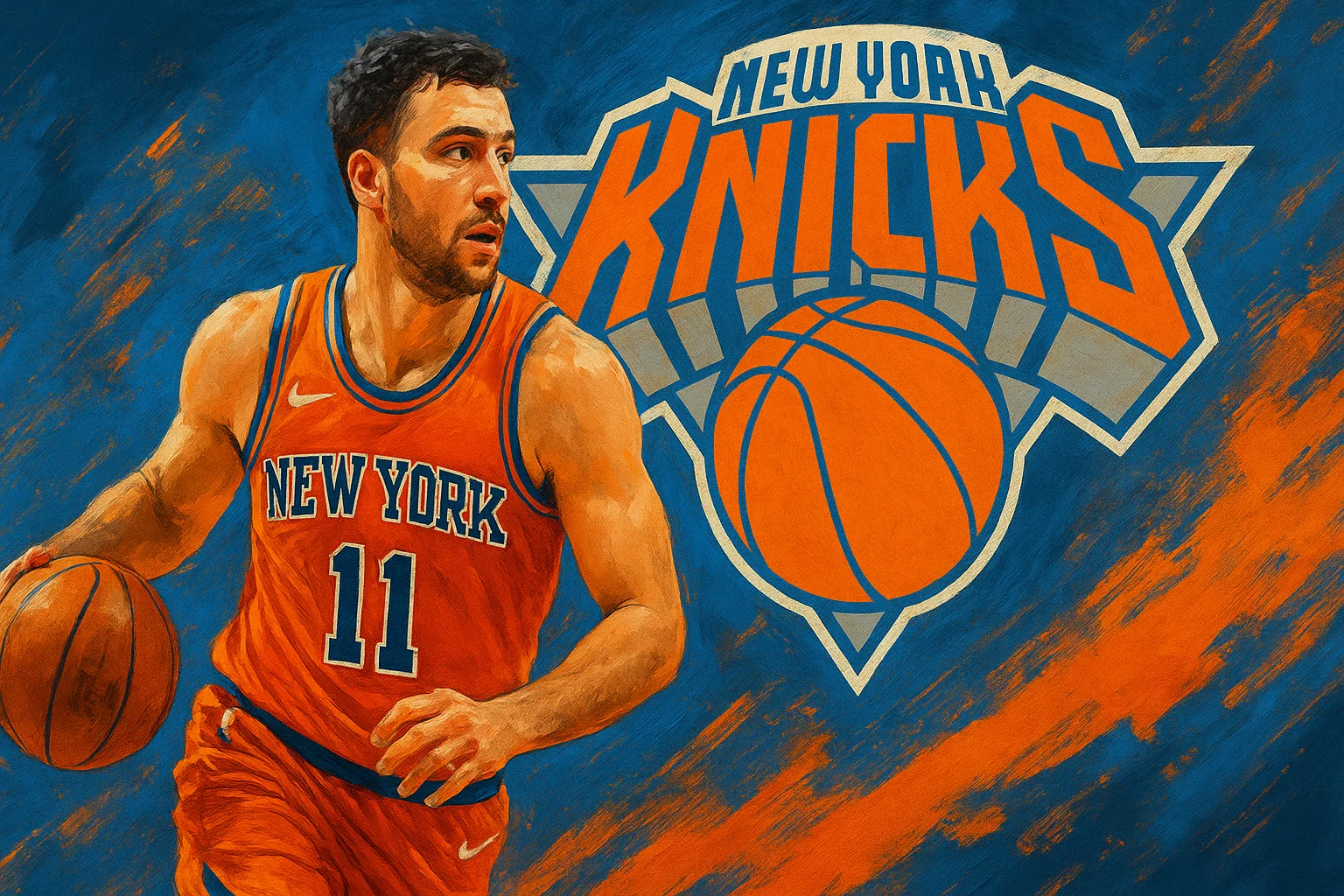AI-generated New York Knicks poster showing a basketball player in orange jersey mid-action with Knicks logo and bold blue-orange brushstroke background, themed for NBA Playoffs 2025